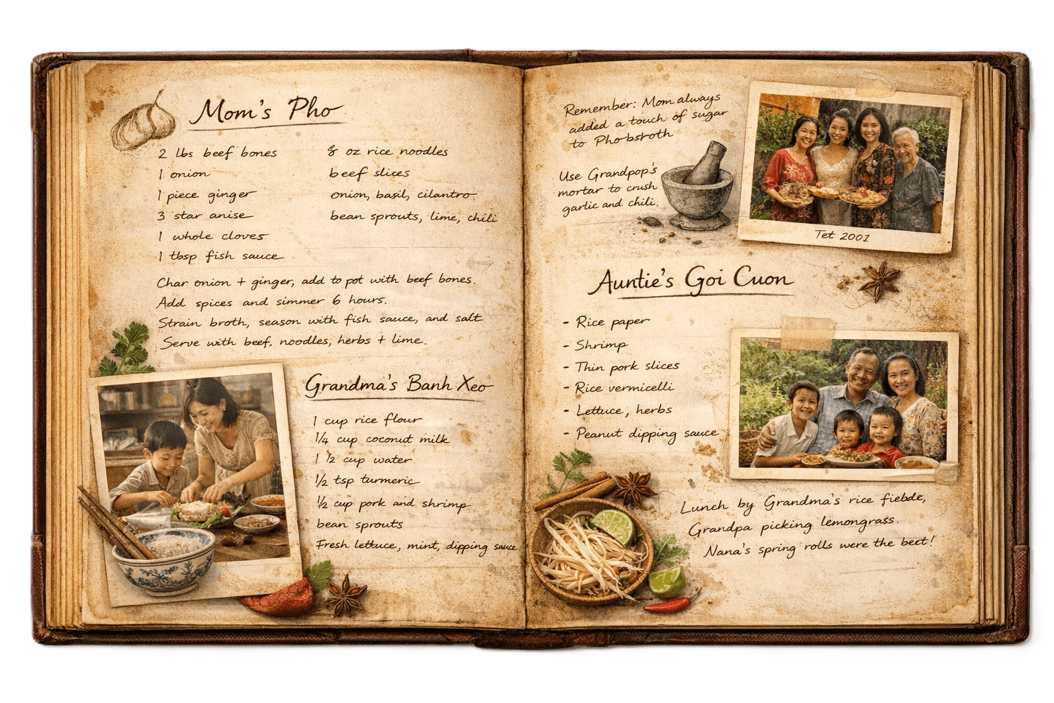 An opened recipe book filled with family memories